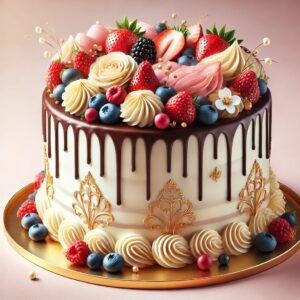 Tort Festiv cu Ciocolată, Fructe de Pădure și Accente Aurii